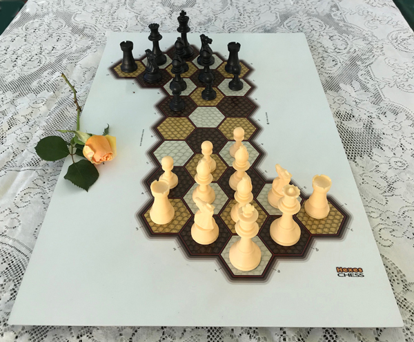 Photo of Hexes 3-pawn chess for two players.
