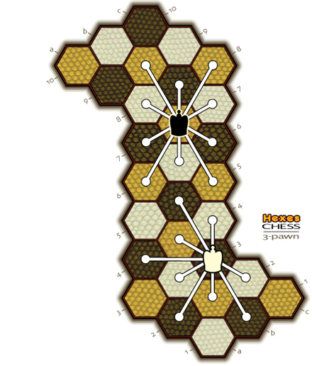 drawing of the 3-pawn board with king moves shown