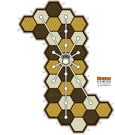 drawing of the 3-pawn board with queen moves shown