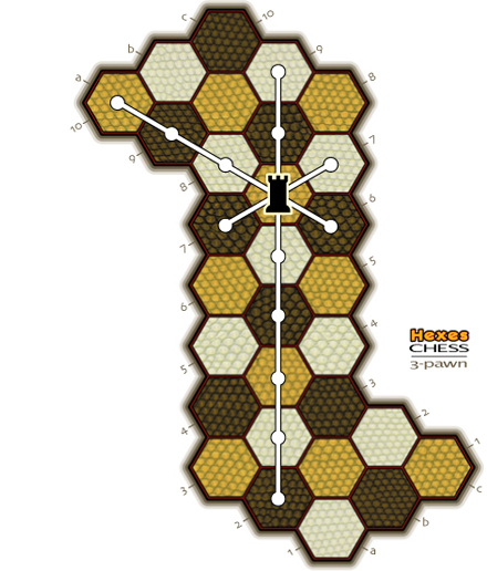 drawing of the 3-pawn board with rook moves shown