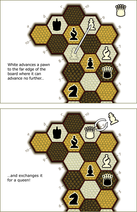 drawing of the 3-pawn board with pawn promotion shown