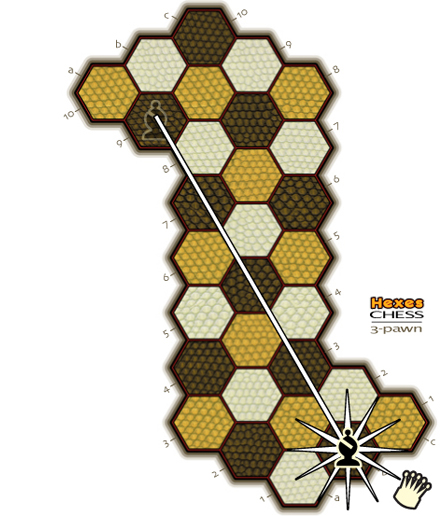 drawing of the 3-pawn board showing a bishop capturing a queen