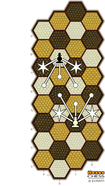 drawing of the 4-pawn board with pawn moves shown