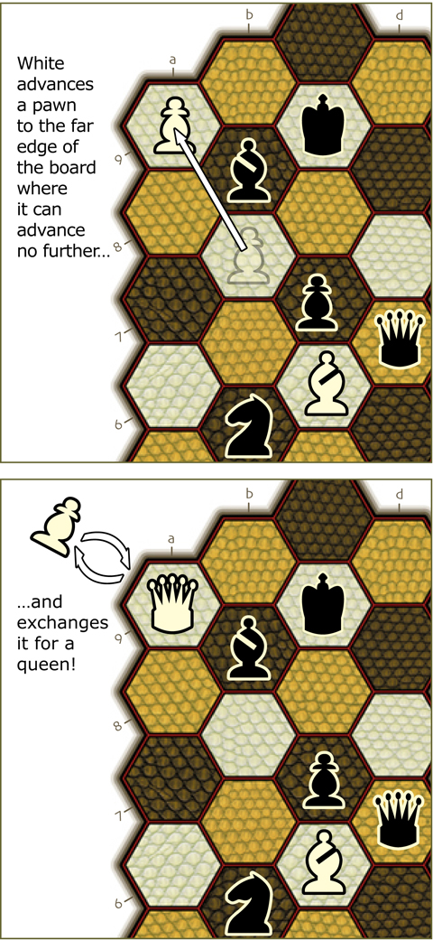 drawing of the 4-pawn board with pawn promotion shown