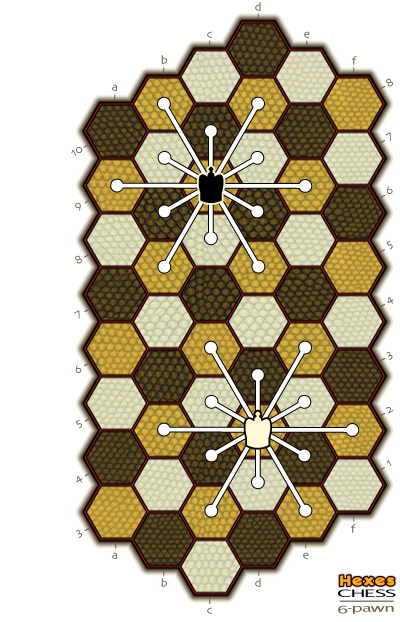 drawing of the 6-pawn board with king moves shown
