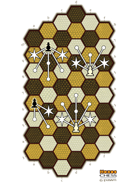 drawing of the 6-pawn board with pawn moves shown