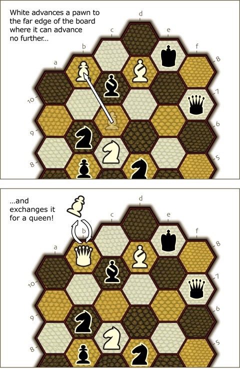 drawing of the 6-pawn board with pawn promotion shown