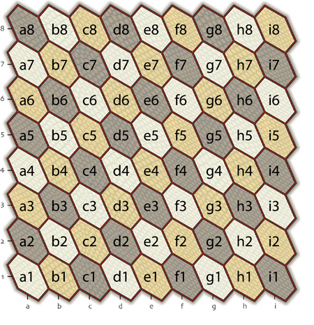 drawing of Hexes Chess 9-Pawn chess board with coordinates identified