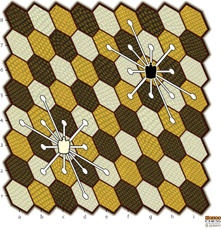 drawing of the 9-pawn board with king moves shown